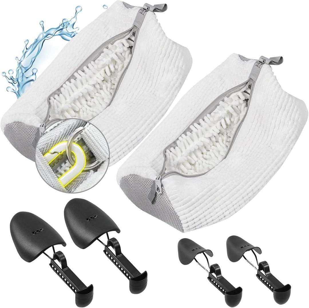 2 Pcs Shoe Washing Machine Bags with 4 Adjustable Shoe Trees, XXL Laundry Bags for Washer and Dryer, Sturdy Zipper with Hook Design, Reusable Cleaning Bag for Sneaker, Tennis (White)