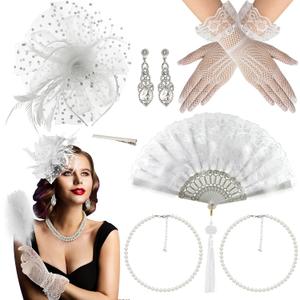 Mototo 6 Set Fascinator Hats for Women Tea Party Gloves Set Include Mesh Hats Lace Gloves Pearl Necklace Earring for Women (White, S)