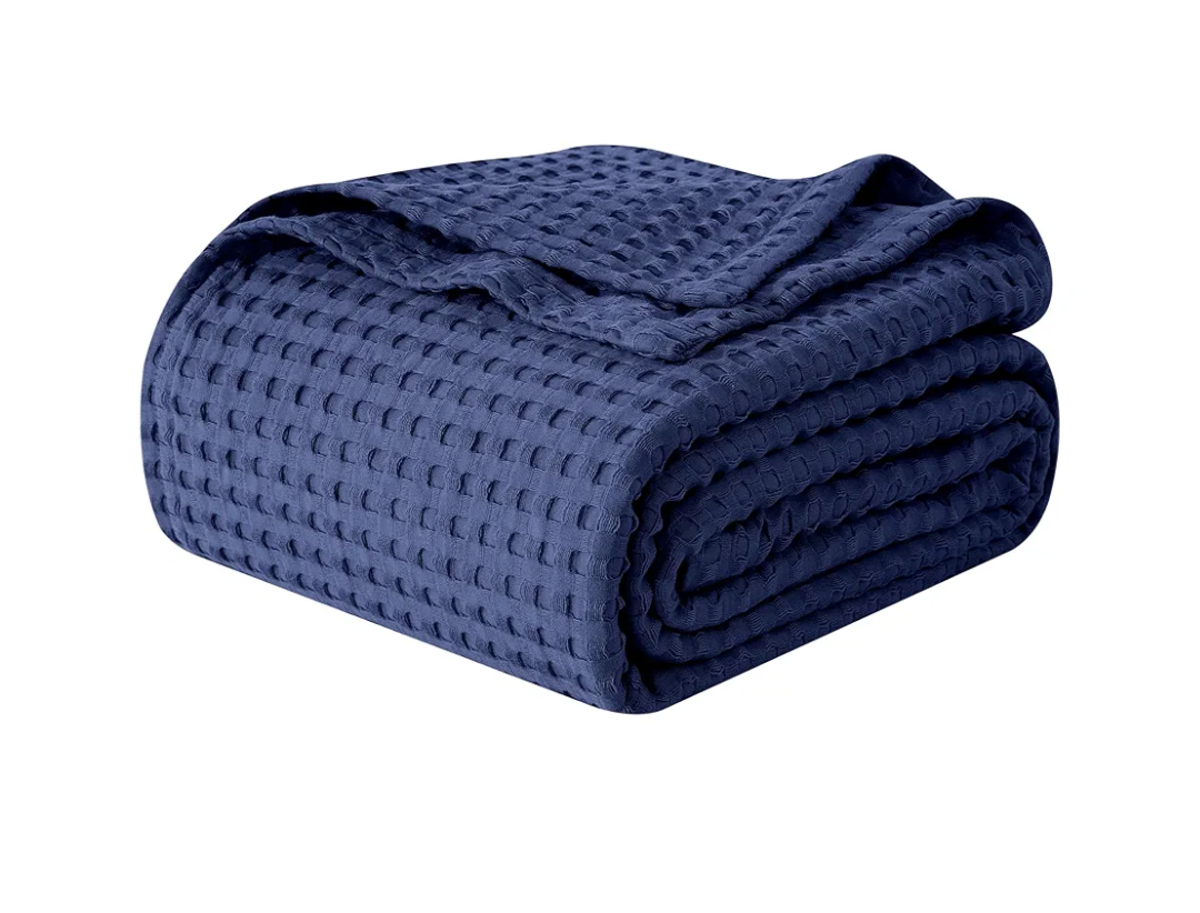 Elegant Comfort Premium 100% Cotton Waffle Blanket - Lightweight Breathable Waffle Weave Bed Blanket - Soft and Warm All Season Blanket for Couch, Sofa and Bed, King Size 90x108 Inches, Navy Blue