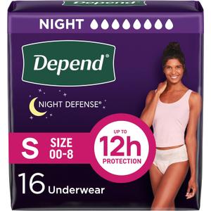 Depend Night Defense Adult Diapers, Incontinence & Postpartum Bladder Leak Underwear for Women, Disposable, Overnight, Small, Blush, 16 Count,