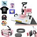 BetterSub Heat Press 12‘’ x15‘’ Combo 5 in 1 Heat Press Machine for T-Shirt Mug Hat Plate Cap Pattern Printing Heat Transfer Digital Industrial-Quality Sublimation Machine 360 Degree Swivel Pink White