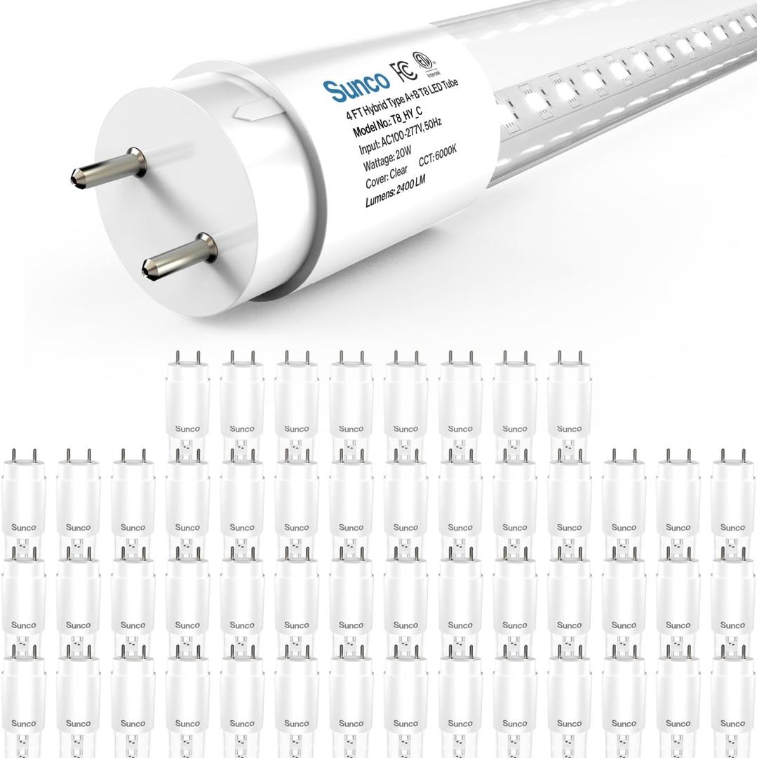 Sunco 50 Pack T8 LED Bulbs 4 Foot, 48 Inch Tube Light Bulbs Fluorescent Replacement, Single or Double Ended Hybrid Type A+B, 2400 LM, 20W, 6000K Daylight Deluxe, Clear Lens ETL
