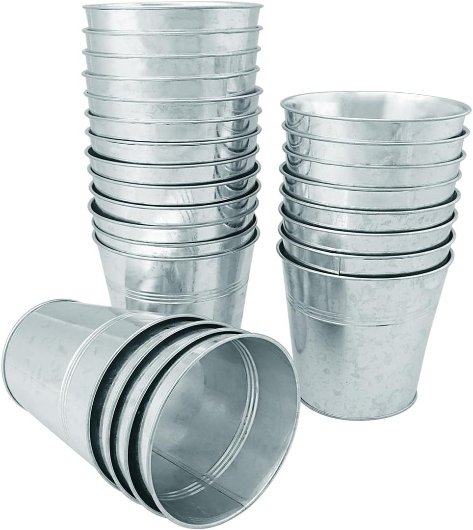 25 Pack Round Metal Bucket, 4.72 x 4.72 x 3.54 Inch, Galvanized Metal Planters for Balcony Garden Decor, Parties, Weddings