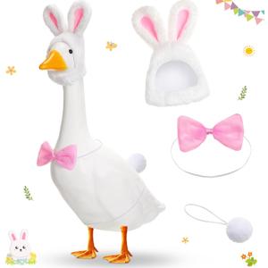 Shyyween Easter Bunny Porch Goose Outfits for Cement Goose 23"/ 17'' Lawn Goose Statue Clothes Bunny Ear Hat and Bow Tie Tail Easter Plastic Goose Costume for Easter Party Yard Outdoor (White)