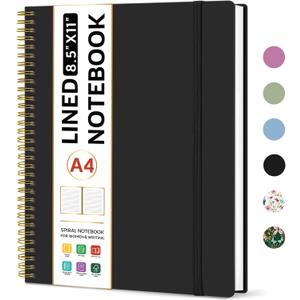 Taja Spiral Lined Notebook, 8.5"x11" Notebooks for Work, Large A4 Journal for Women & Men, College Ruled Journaling Notebook for Writing, Plastic Cover Spiral Journal, Black