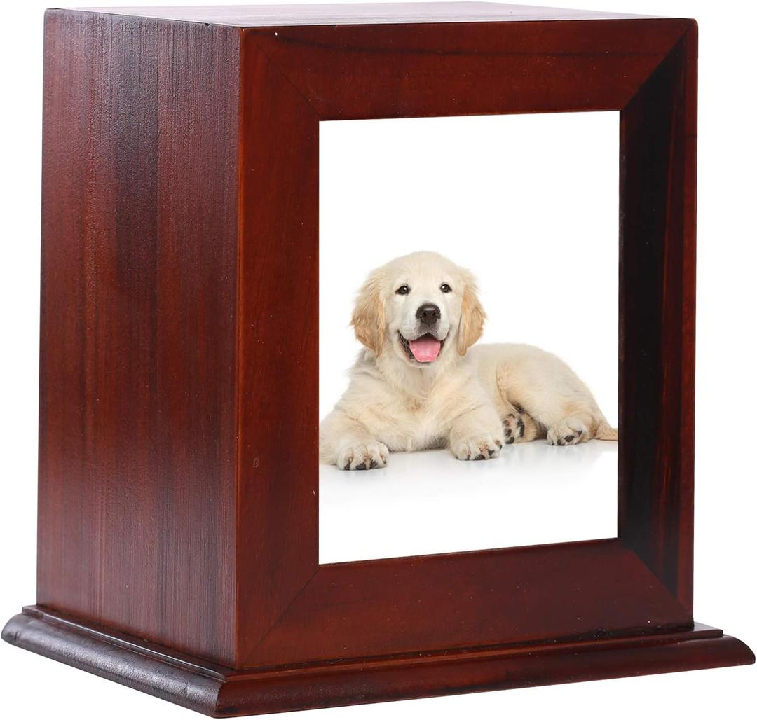 BRKURLEG Dog Urns for Ashes, Wood Pet Urn with Photo Frame, Pets Ashes Box Cremation for Cat Dog, Memorial Box for Dogs, Animal Wood Urn, Suitable for Most Pets (Brown)