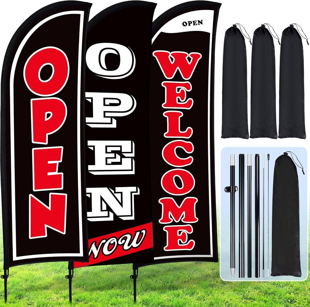 Buryeah 3 Sets Now Open Feather Flag Banner for Business Advertising 7 Feet Tall Grand Opening Feather Flag Sign with Fiberglass Pole Kit Rotating Ground Spike and Portable Bag (Black)