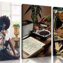 Framed Black Girl Canvas Wall Art 3Pcs black Girl Record Music Wall Decor Pictures Funky Black Girl Posters prints for Modern Black Woman Bedroom Home Decoration 12x16in