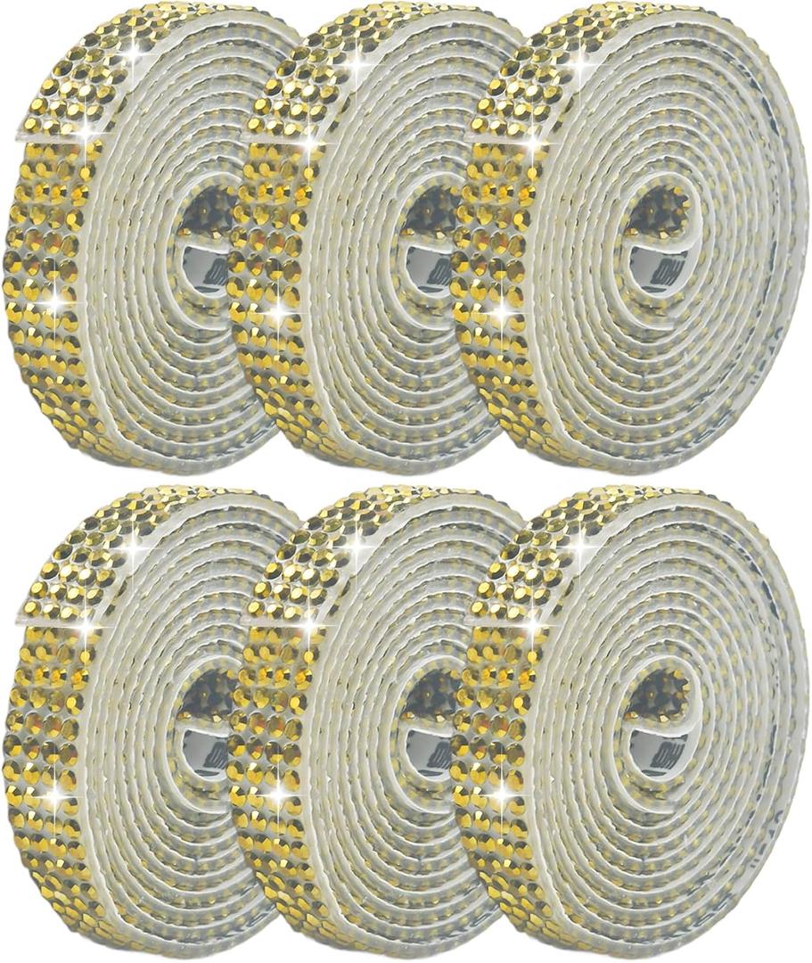 Abitoncc 6PCS Self-Adhesive Crystal Rhinestone Ribbon, Diamond Bling Ribbons Stickers 6-Rolls Bedazzling Strips, 6-Yard Gold Color for DIY Crafts, Wedding, Shoes, Phone Cases, Decoration