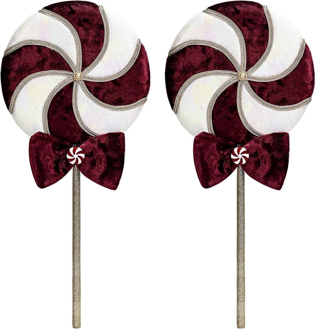 2 Pieces Large Candy Christmas Picks Decorations 16.9" Velvet Peppermint Lollipop Sprays with Bowknot Candy Cane Ornaments for Xmas Tree Topper Vase Fillers Craft Holiday Party Decor (Red and White)