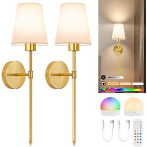 TISLYCO Battery Operated Wall Sconces Set of 2, Gold Rechargeable Wall Lamps with 2500mAh Magnet Detachable Dimmable Remote Bulbs,12 RGB Colors & 3 Color Temperatures Wireless Wall Lights for Bedroom