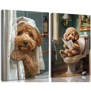 libitea 2 Pcs Funny Animal Bathroom Canvas Wall Art Cute Dog Reading Newspaper and Taking Bath on Toilet Art Print Humorous Bathroom Animal Painting Wall Decor for Dog Lovers Home Decoration