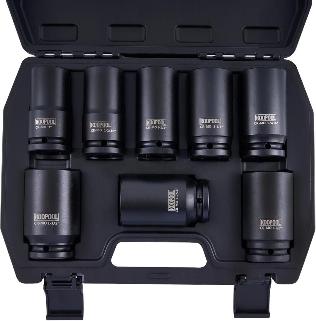 Axle Nut 3/4" Drive Deep Impact Socket Set, SAE, 1" to 1-1/2", 8pcs Heavy Duty Impact Socket Set for Large Auto Repairs, Agricultural implement (8pcs 3/4)