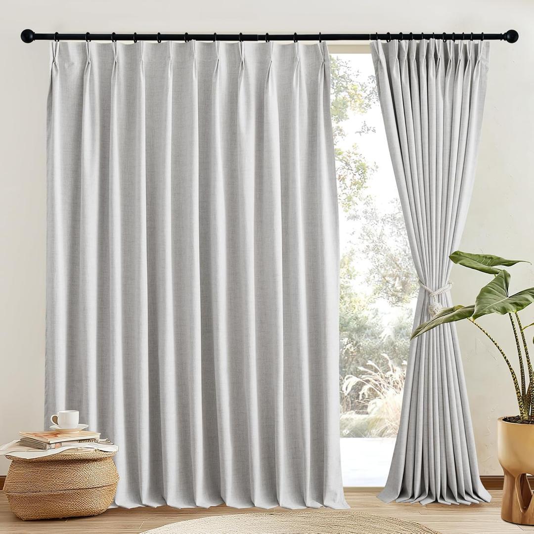 NICETOWN Natural Linen Curtains 100% Blackout for Sliding Glass Door 2 Panels W66 x L96, Pinch Pleated Linen Blend Window Treatments Sound Reducing Room Divider for Bedroom/Living Room