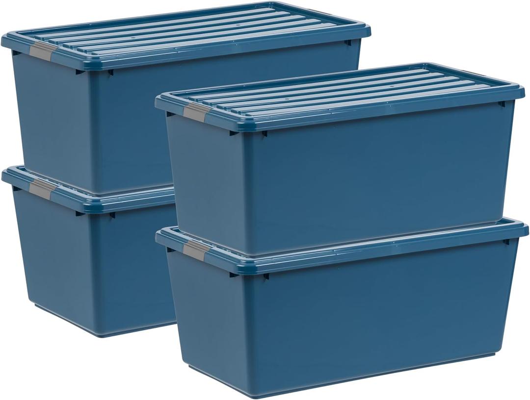 IRIS USA 91 Qt Stackable Plastic Storage Bins with Lids, 4 Pack - BPA-Free, Eco-Friendly, Discreet Organizing Solution, Latches, Durable Nestable Containers, Secure Pull Handle, Made in USA - Navy (91 Qt. - 4 Pack, Eco-Friendly Navy)