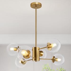 6-Light Globe Sputnik Chandelier Modern Gold Sputnik Chandelier Mid Century Pendant Light Brushed Brass Finished with Clear Globe Glass Lampshade Chandeliers for Dining Room Kitchen