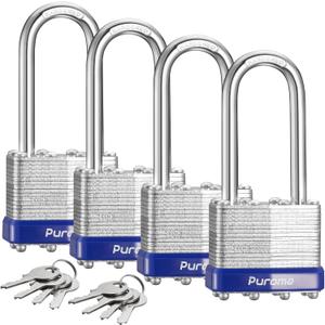 Puroma Lock 4 Pack Padlocks, 2 Long Shackle Heavy-Duty Locks with 8 Keys, 40mm Hardened Steel Keyed Alike Padlocks for Sheds, Gates, Fences, Toolbox, Outdoor and Indoor UseSilver