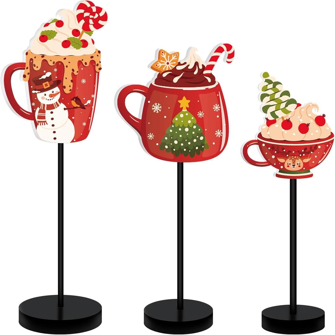 3 Pcs Christmas Wood Table Decor Xmas Hot Chocolate Cocoa Bar Supplies Christmas Table Centerpieces Sign Winter Holiday Decorations for Home Party Coffee Bar