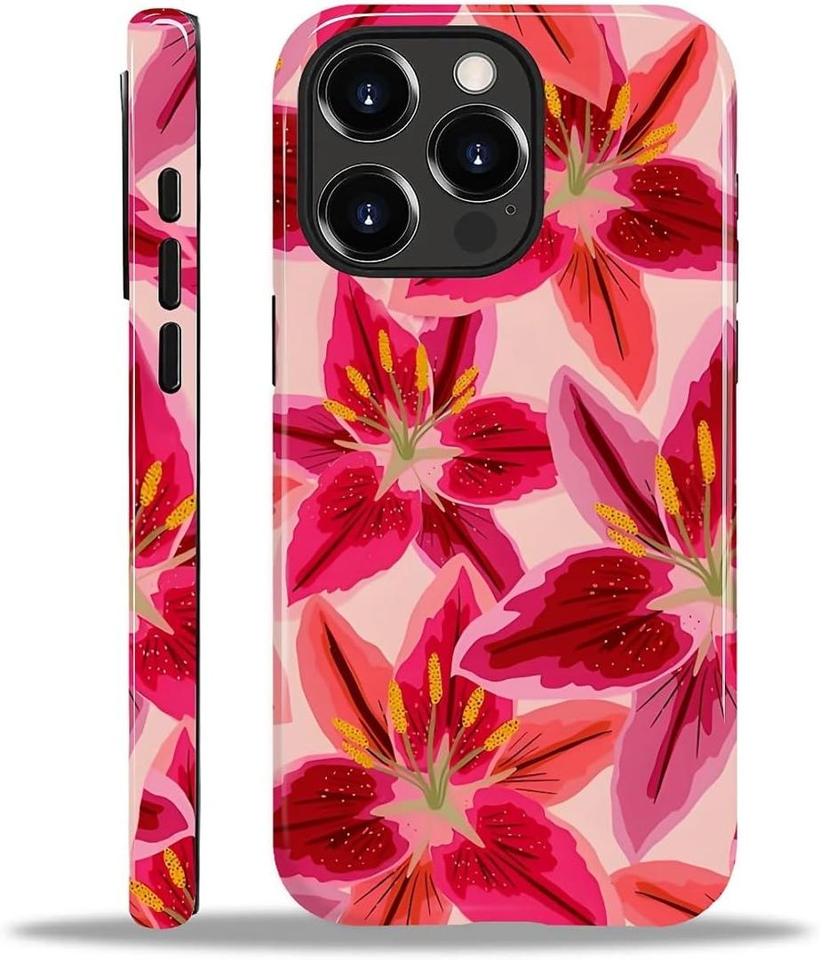 Compatible with iPhone 15 Pro Max Case,Dual-Layer Protection,Hard Shell with Silicone Interior,Slim Scratch Resistant Shockproof for Woman Men-Cute Colourful Flowers Lily