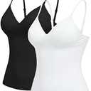 Women's Slim Fit V-Neck Light Tummy Control Camisole Adjustable Spaghetti Strap Built-in Bra Tank Compression Top, Size M 