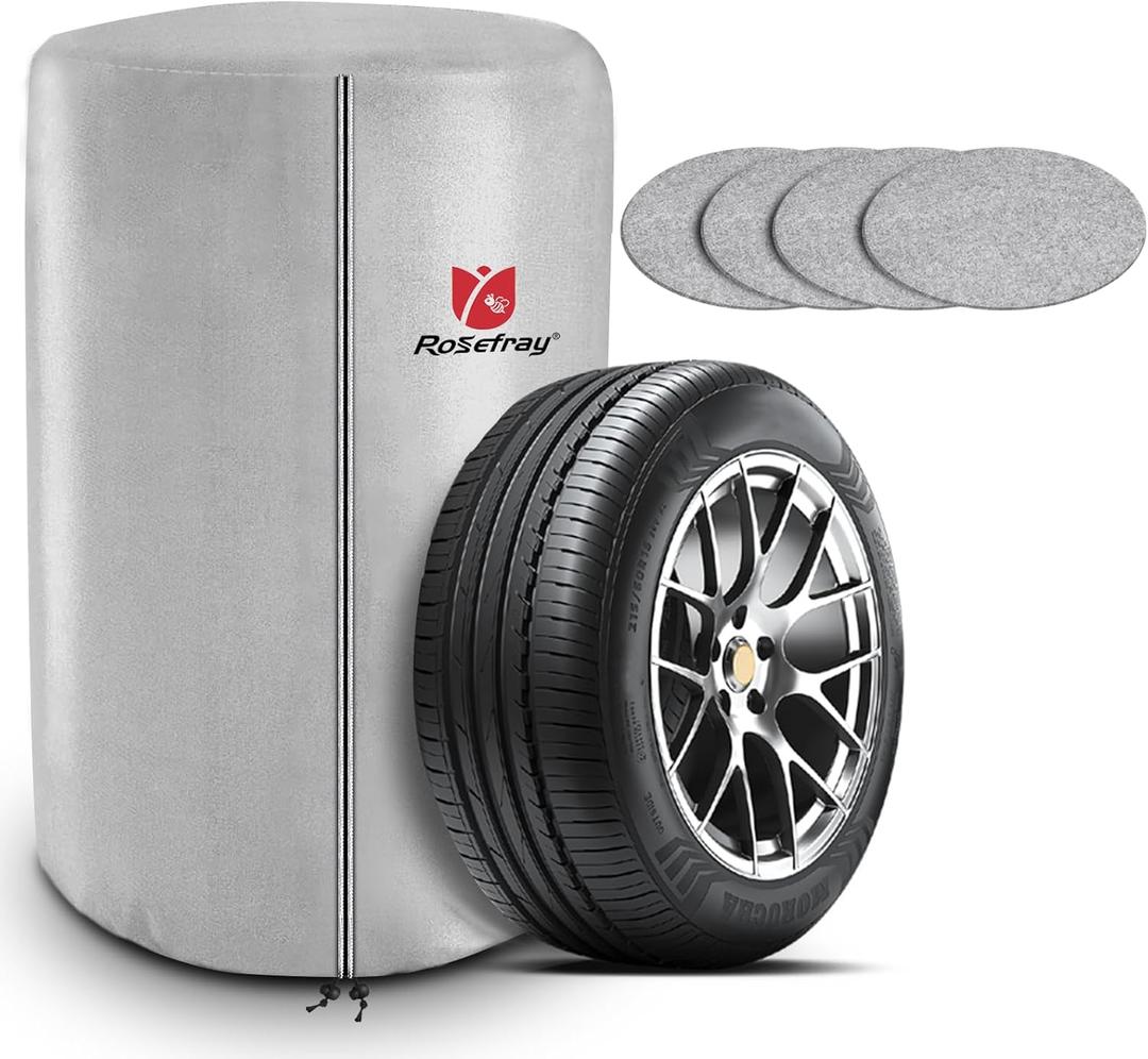 Rosefray Tire Cover Outdoor with 4 Felt Pads 420D Waterproof 4 Tire Storage Silver- (M-Dia 26''-28.7'')