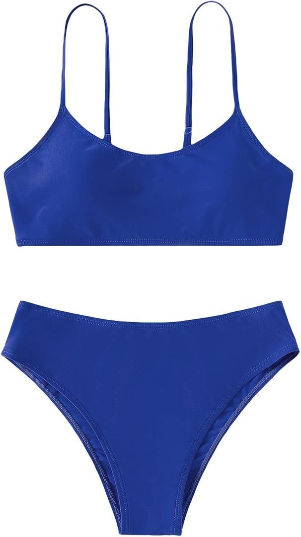 SHENHE Girl's 2 Piece High Waisted Spaghetti Strap Cute Swimsuit Bathing Suit Solid Bikini Sets (Royal Blue) 12-13Y