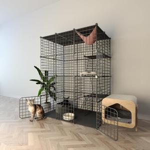 Indoor Cat Cage Enclosure DIY, Cat Playpen Catio Thick Metal Wire Kennels for 1-3 Cats Kitten Cage Detachable Patio Cat Crate Only Cage (Black)