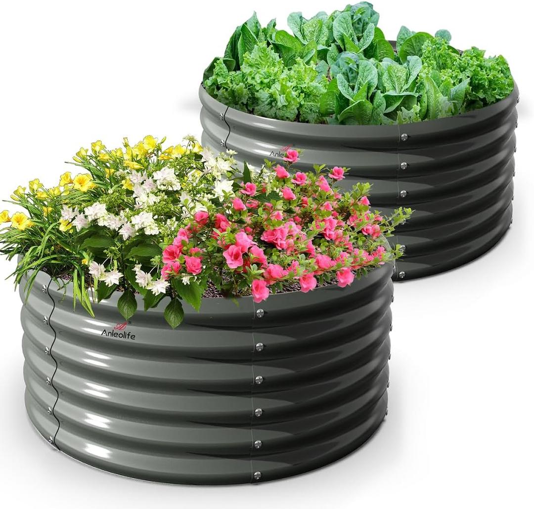 A ANLEOLIFE 2-Pack 4ft x 18 Tall Galvanized Raised Garden Beds Outdoor, Round Metal Planter Box for Planting Vegetables Flowers Herb, Anti-Rust & Easy-Setup, Quartz Grey, 41.5ft Tall