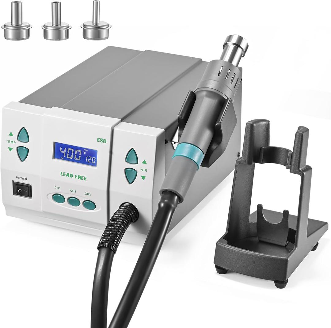 110V 861DW Hot Air Rework Station 1000Watt Heat Gun Soldering Station Brushless DC Vortex Blower for Miro Soldering Rework,Large LCD Screen Display with 3pcs Free Nozzles