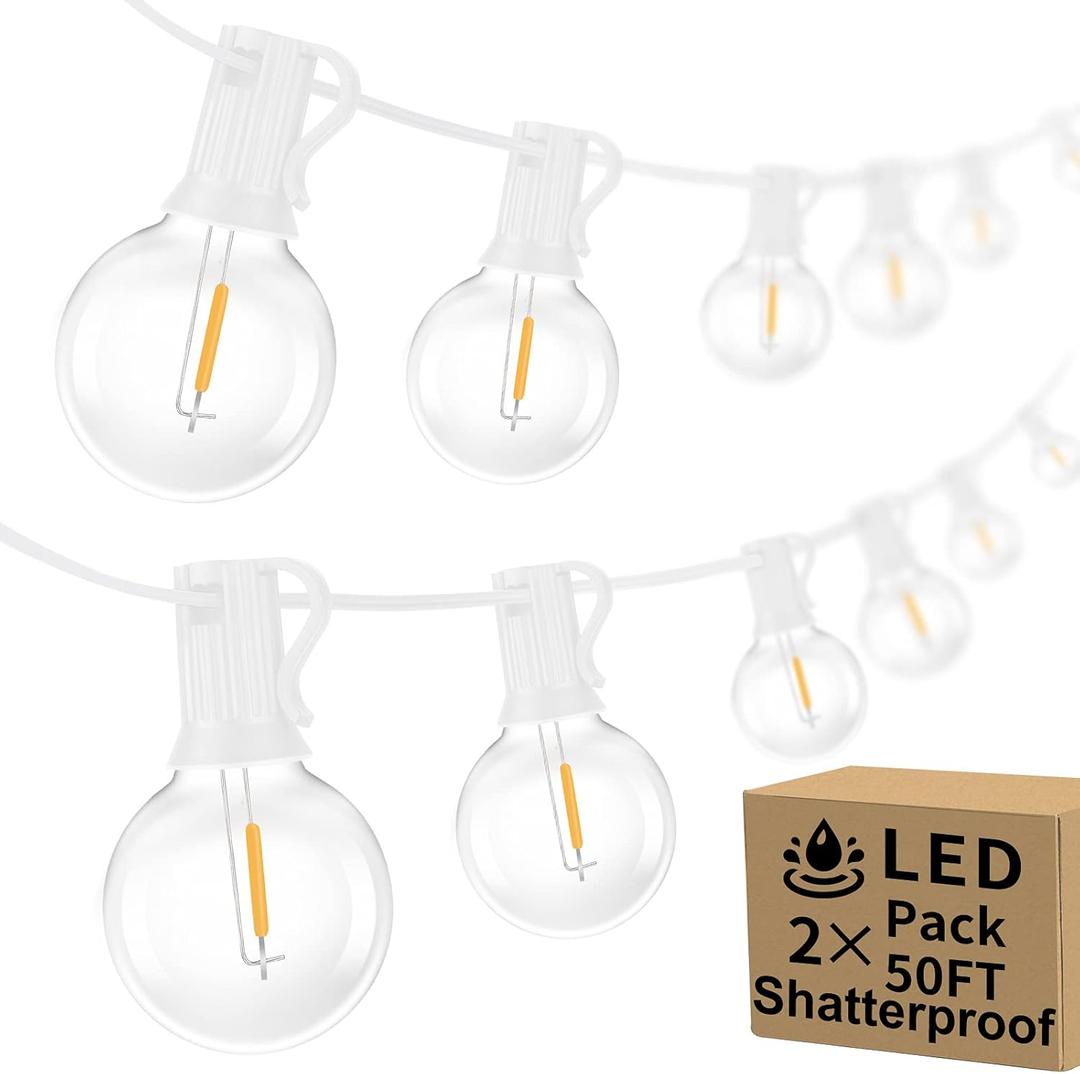 100ft Outdoor G40 LED Globe String Lights Dimmable Shatterproof Waterproof Light Strings with 52 Bulbs Connectable Commercial Hanging Lights for Patio Balcony Backyard Party (White Wire, 2-Pack)