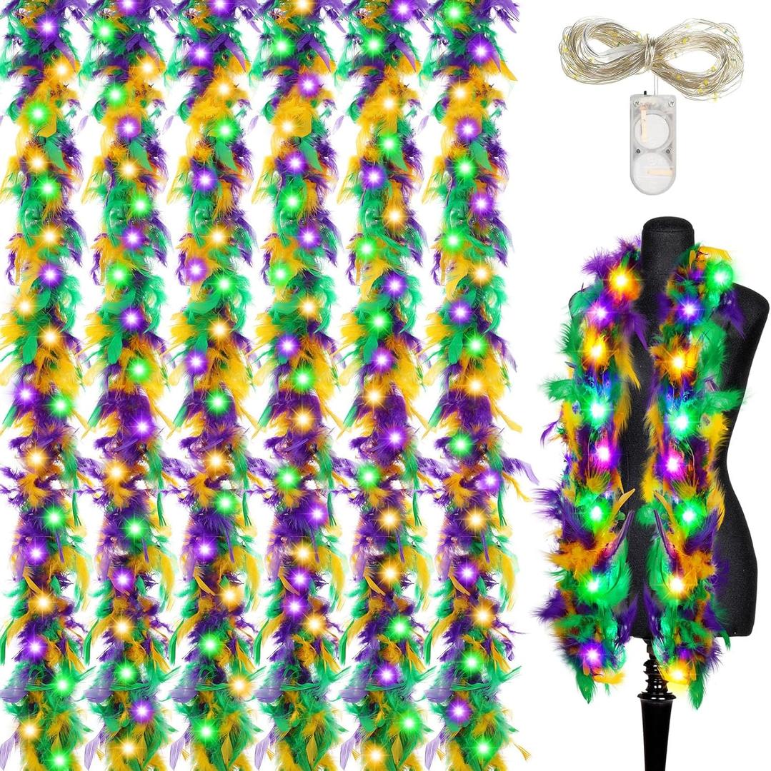 Dingion 6 Pieces 38 Gram 6 Feet Long Mardi Gras Feather Boa Lights Colorful Feathered Light up Boa Mardi Gras Decorations Accessories for Party Wedding Carnivals Costume Decoration