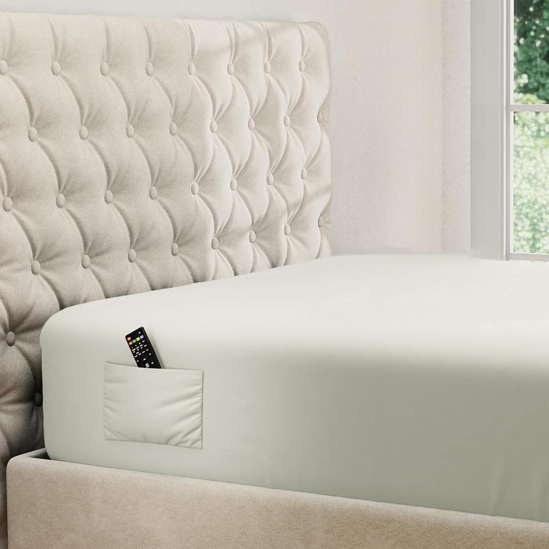 DREAMCARE Queen Fitted Sheet - Extra Deep Pocket Fitted Sheet - Fits up to 21 inch Mattress - Deep Pocket Queen Sheets - Hotel Luxury - Oeko-Tex Certified Sheets - 1 Fitted Sheet Only (Ivory, Queen)