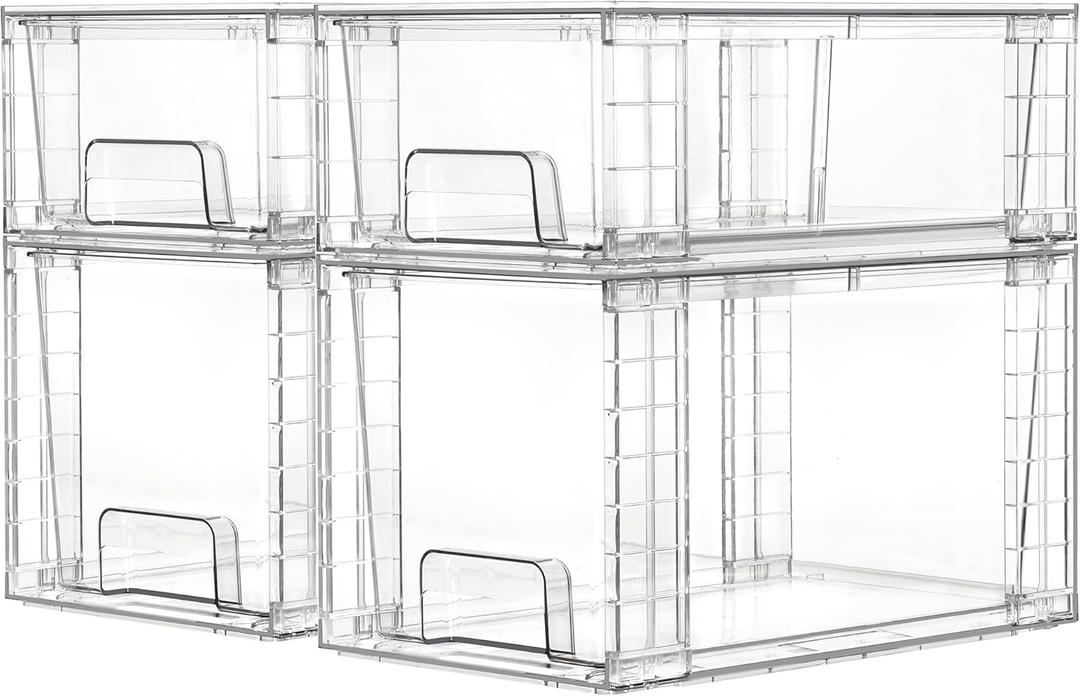 Vtopmart 4 Pack Clear Stackable Storage Drawers,Under Sink and Kitchen Organizers Storage,Easy to Assemble Plastic Drawers for Baby Bottle,Medicine, Bathroom,Cabinet and Pantry Organization