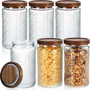 Domensi 6 Pcs Vintage Glass Jars 34 oz Glass Storage Jars with Lids Window Pattern Airtight Storage Containers for Kitchen Counter, Pantry, Coffee Bean, Grains, Tea, Sugar, Flour, Candy, Oats