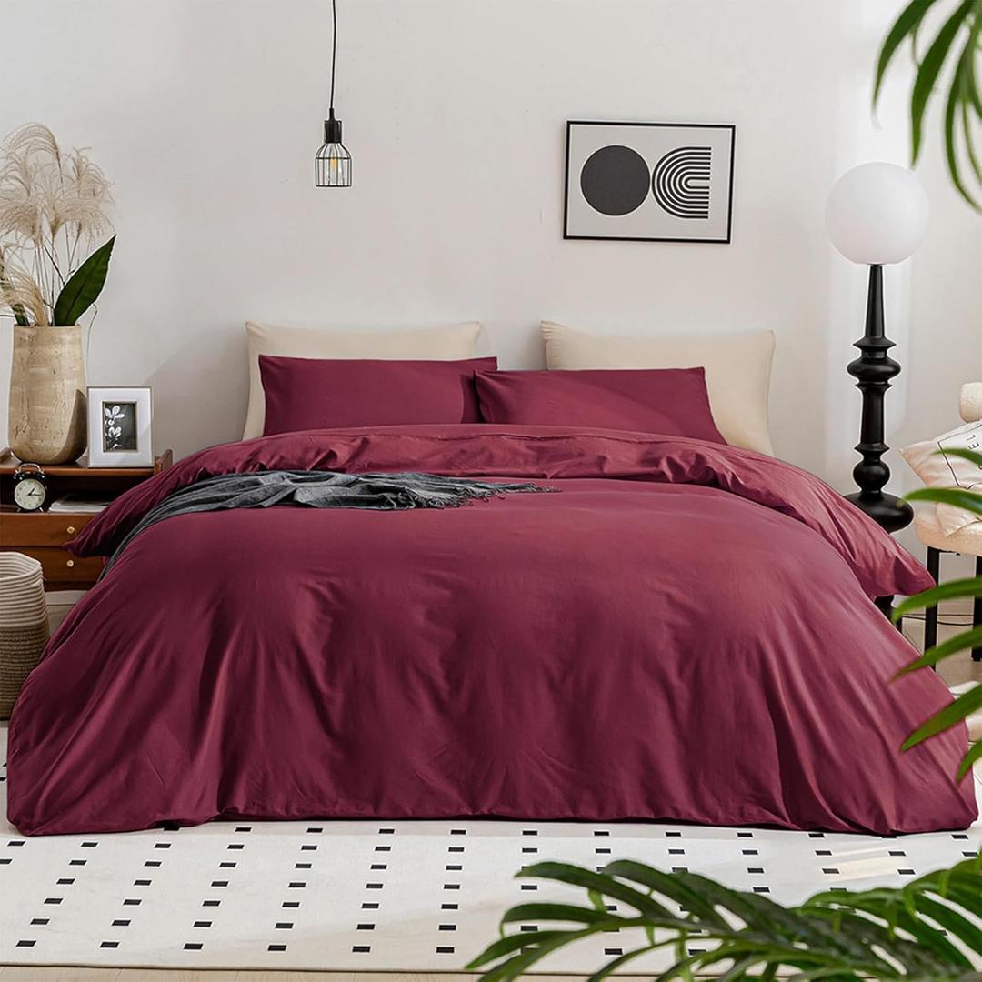 JELLYMONI Burgundy Duvet Cover King Size - 100% Washed Cotton Linen Like Textured Comforter Cover, 3 Pieces Breathable Soft Bedding Set with Zipper Closure (Burgundy, King 104"x90")