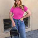 YEOREO Women Fitted Workout Tops Short Sleeve Double Lined Basic Y2K Going Out Crew Neck Compression Crop Top (Pink, M)
