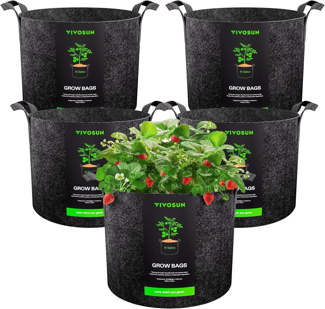 VIVOSUN 5-Pack 15 Gallon Plant Grow Bags, Heavy Duty Thickened Nonwoven Fabric Pots with Handles (Black)