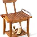 Fun Memories Teak Shower Bench Seat with Handles and Backrest, 19" Solid Wood Shower Stool Waterproof Shower Seat with Storage for Inside Shower Legs Shaving, Seniors Elderly Heavy Duty