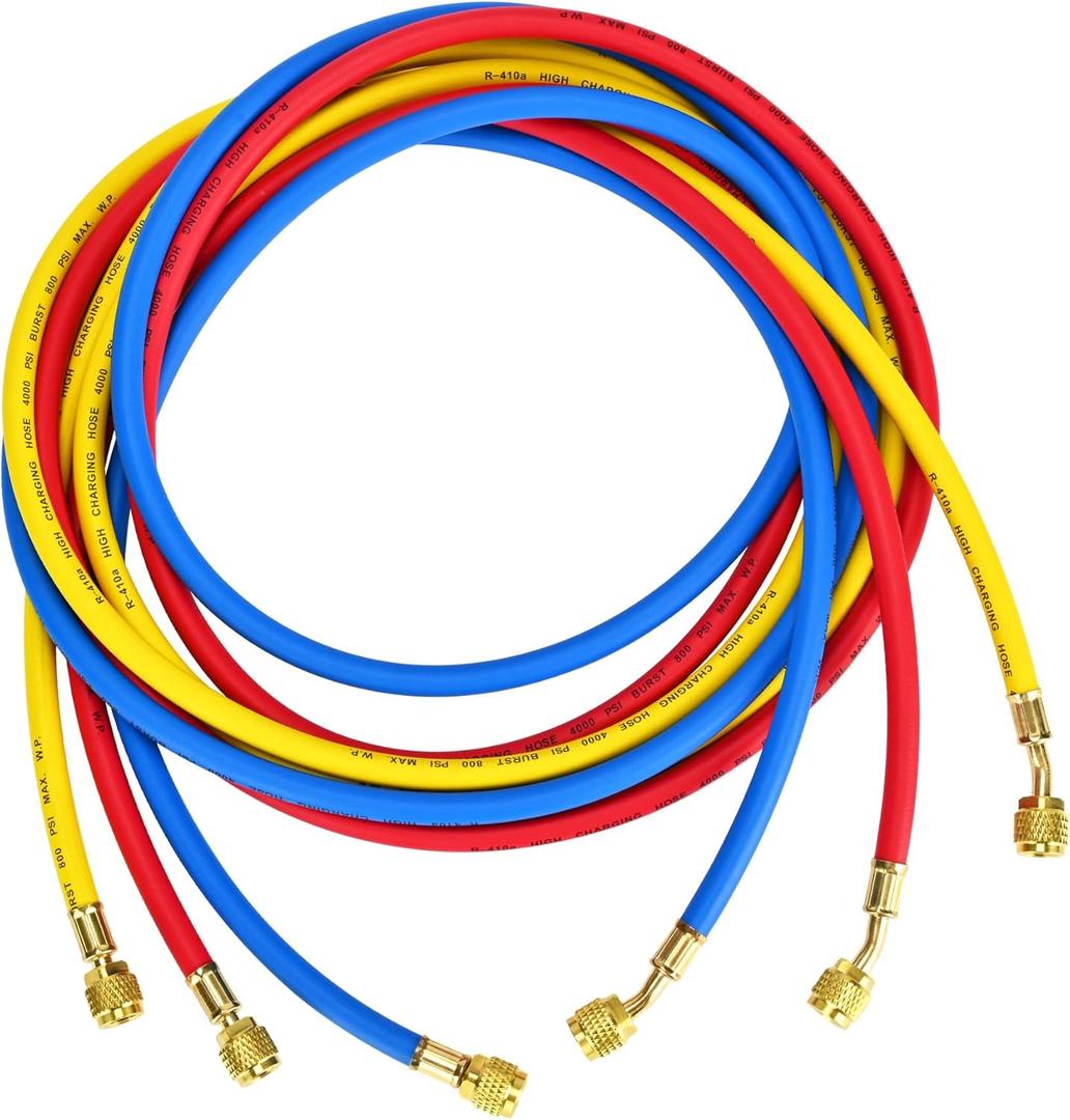Upgrade 22988 1/4" Refrigerant Charging Hose,96"(8FT), Standard 1/4" Flare Fittings, for R410A, R134A, R22 and All Common Refrigerants, Yellow/Red/Blue (Set of 3)