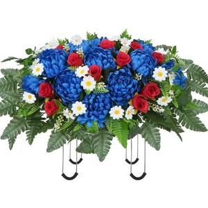 2 Pack HMJON Patriotic Artificial Cemetery Flowers Saddles Red White and Blue Flowers, Outdoor Grave Decoration 4th of July Faux Silk Rose Peony Floral Arrangement Headstone Saddle for Grave Memorial Day