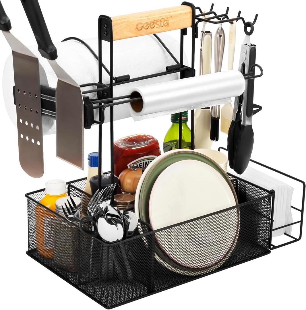 Geesta Grill Caddy for Outdoor Grill, BBQ Picnic Camping Caddy with Paper Towel Holder & Magnetic Tool Holder, Condiment Storage Utensil Kitchen Organizer for RV Camper, Tailgate Accessories, Black