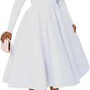 Women's Vintage Swing Dresses Long Sleeve A Line Casual Party Cocktail Church Formal Maxi Dress with Pockets (White, XL)
