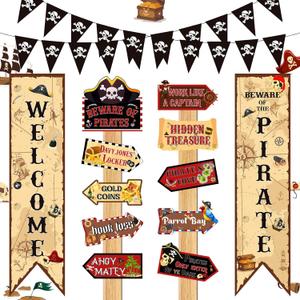 Pirate Themed Birthday Party Decorations Banner Beware of Pirate Porch Door Banner Directional Sign Treasure Hunt Map Party Decorations Sign Skull Pennant for Halloween Pirates Theme Party Supplies