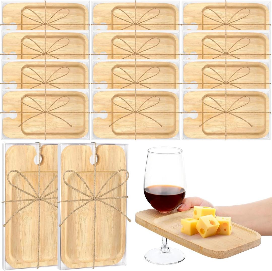 12 Set Wine Appetizer Plates Mini Charcuterie Boards with Wine Glass Holder and Box Gifts for Bridal Shower Game Prizes Wooden Cocktail Cheese Plate for Guests Baby Shower(Rectangle,Dark Color)
