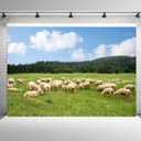 BELECO 7x5ft Fabric Rural Sheep Pasture Backdrop Flock of Sheep Lamb Grazing, Green Farm Meadow Hills Shepherd Photography Background for Party Decorations Photo Booth Studio Props Wallpaper