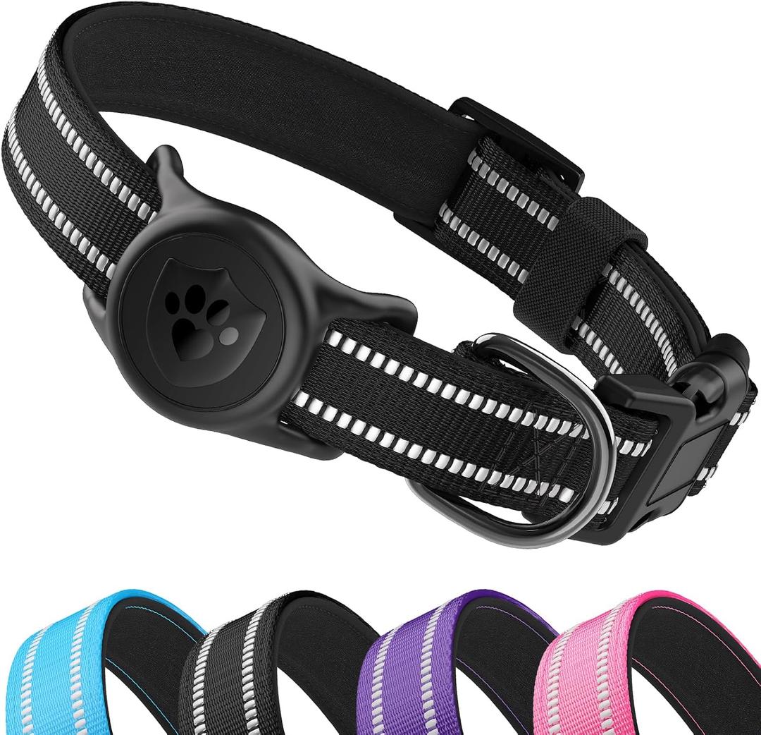Upgraded AirTag Dog Collar, IP68 Waterproof Holder, Large Black | Reflective, Soft Neoprene Padded, Ultra-Durable Nylon, Machine Washable, Heavy Duty, Dog Collars, Girl, Boy