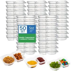 50 Pack Double Compartment Condiment Container with Lid, 5oz Disposable Small Snack Container 2 Compartment for Meal Prep, Salad Dressing, Dipping Sauce, Travel Snacks