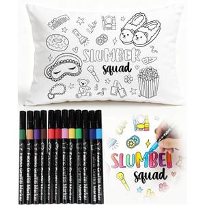 TOUROAM Slumber Party Coloring Pillowcase with 12 Pcs Fabric Markers, Color Your Own Pillowcase Kit for Pajama Party, Coloring Craft Decoration Supplies (26.7 x 18.5 Inch)