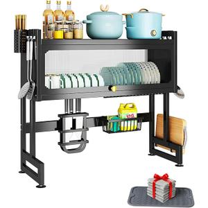 Over the Sink Dish Drying Rack with Cover 2 - Tier Large Dish Drainer Racks for Kitchen Counter Space Saving Sink Storage Organizer for Dishes, Glasses, Bowls & Cutlery Black