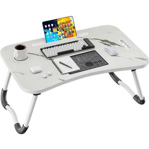 Folding Lap Desk, 23.6 Inch Wood Laptop Bed Desk with Cup Holder, Portable Bed Table for Working Writing Reading & Eating for Bed, Sofa, Couch, Floor - White&Black
